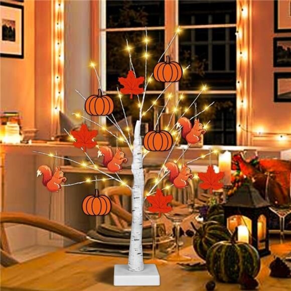 [Timer] Thanksgiving Birch Tree Lights, 24" Lighted Birch Tree with 24 PCS Fall - Picture 4 of 7